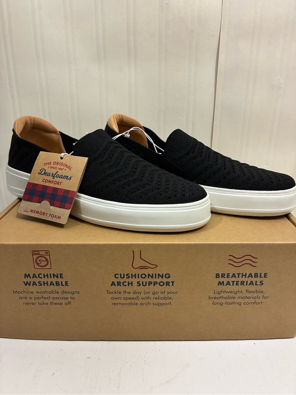 dearfoams Black Knit Slip-On Sneakers with White Platform Sole